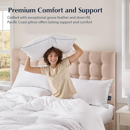 Pacific Coast Bed Pillow, Luxury Hotel Goose Feather and Down Firm Pillow for Sleeping with 100% Cotton Shell, Soft and Supportive