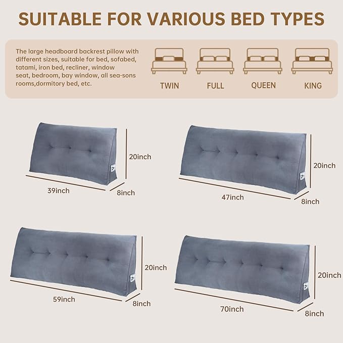 Headboard Pillow Full Bed Wedge Pillow for Dorm, Daybed, Back Support, Sitting Up, Reading, Relaxing, Navy Blue