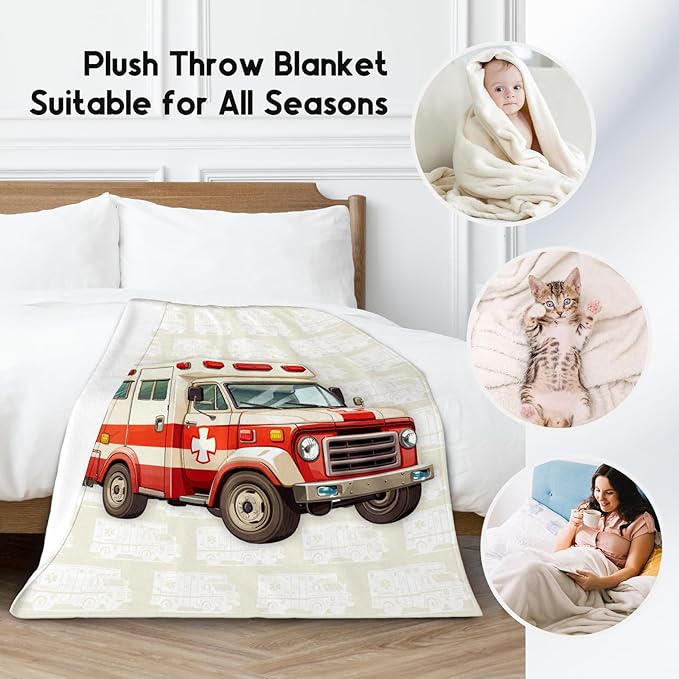 Ambulance Blanket, Cozy Soft Throw Gifts for Kids, Cute White Flannel Throw Blankets for Couch Office, 30x40 Inches