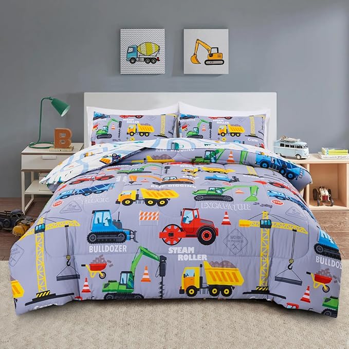 Holawakaka Trucks Tractors Cars Boy Bedding Comforter Set with Sheets, Full Size Cartoon Construction Car Excavator Print Kids Bed in A Bag 5-Piece, Boys Reversible Dorm Bed Sets (Red Full)