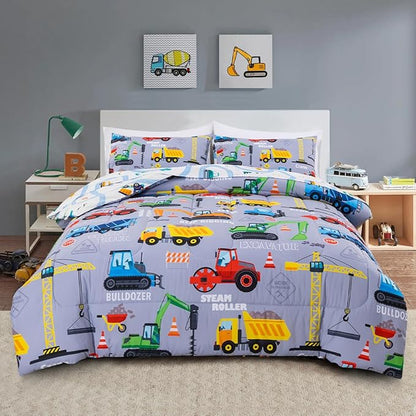 Holawakaka Trucks Tractors Cars Boy Bedding Comforter Set with Sheets, Full Size Cartoon Construction Car Excavator Print Kids Bed in A Bag 5-Piece, Boys Reversible Dorm Bed Sets (Red Full)