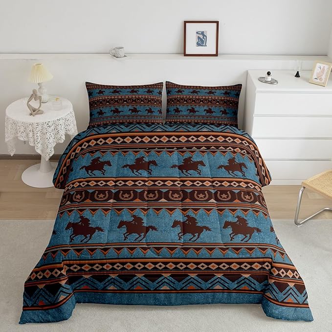 Feelyou Western Decor Comforter Set King Size Southwestern Native Aztec Comforter Horse Bedding Set Retro Exotic Boho Duvet Set Room Decor Dark Blue Quilt Set