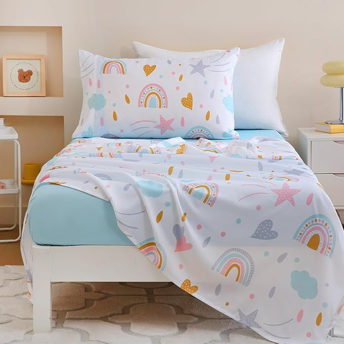 Twin Comforter Set for Kids, Boys, Girls, 4 Pieces Bed-in-a-Bag Bedding Set, All Season Ultra Soft Sheets Set with Comforter, Rainbow Sky