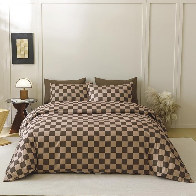 Wellboo Brown Plaid Comforter Sets Twin Size Dark Brown and Cream Coffee Checkerboard Grid Bedding Comforters Cotton Women Men Modern Taupe Checkered Geometric Quilts Soft Luxury Brown Abstract Bed