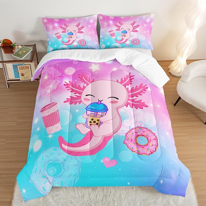 HOSIMA Axolotl Comforter Full Size Cute Animal Bedding Room Decor for Teen Girls Dessert Milk Tea Donut Bed Princess Toddler Bedding Set Fantasy Blue Purple Full Size Bed in a Bag for Adults Kids.