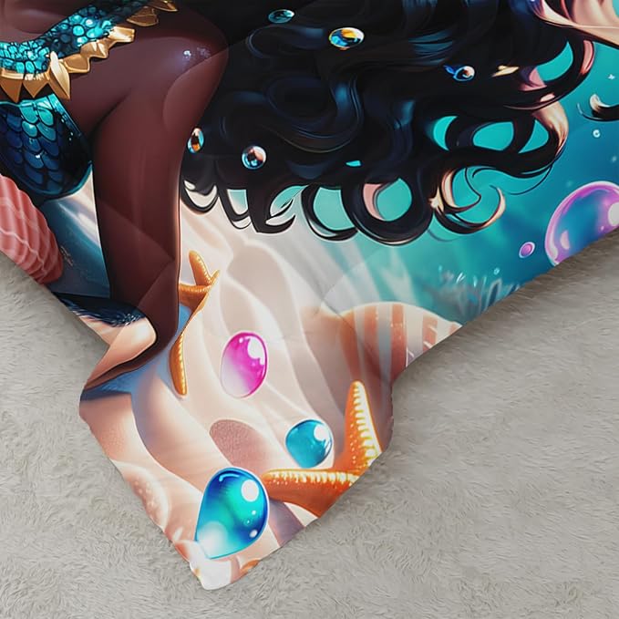 Black Girl Mermaid Comforter Set Twin Size, Kawaii Mermaid Bedding Set with Bubble Design for Kids Girl, Ocean Theme Duvet Set with 2 Pillowcases