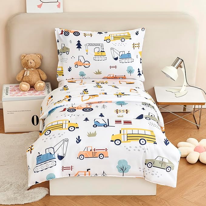 URBONUR 4-Piece Toddler Bedding Set for Boys Construction Car Printed Vehicles Toddler Comforter Set with Sheets Lightweight and Soft Perfect for Kids 2-6 Year Old Toddler Bed in a Bag