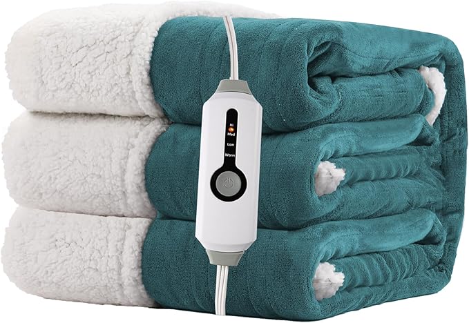 Electric Heated Blanket Full Size 72"x84" - Dual-Sided with Microplush & Sherpa Fabric, 4 Heat Settings & 10 Hours Auto Off, Machine Washable - Teal