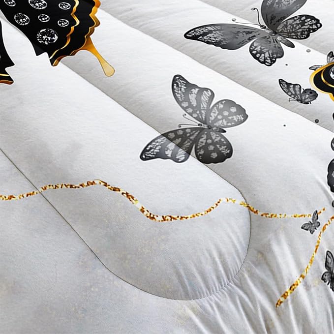Kids Bedding Full Size Comforter Set,Black and Gold Butterfly Bedding Comforter Sets for Boys Girls Room Decor,Marble Texture Artistic Aesthetic Bedding Sets with 2 Pillowcases.