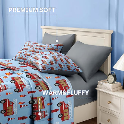 Nesker 7 Pcs Comforter Set Queen Size, Red Fire Engine Bedding for Kids Teen, Fire-Fighting Trucks Vehicle with Fitted Sheet 2 Pillowcases & 2 Shams for Bedroom Bed Decor