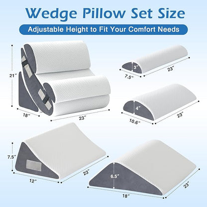 6PCS Wedge Pillow Set for After Surgery, Orthopedic Bed Wedge Pillow for Headboard, Memory Foam Back Pillow for Bed Sitting Up, Sit Up Pillow for Acid Reflux Relief, GERD, Anti Snoring (White)
