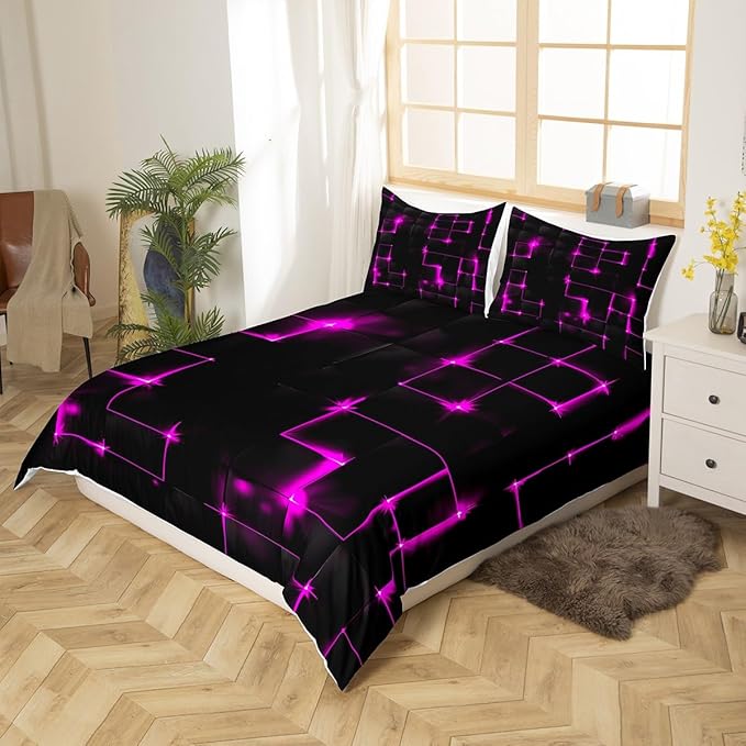 Castle Fairy Abstract Queen Duvet Cover Set, 3D Modern Square Plaid Grid Print Geometric Bedding Set 3pcs for Boys Teens Bedroom, Purple and Black Neon Light Lines Quilt Cover, 2 Pillowcases
