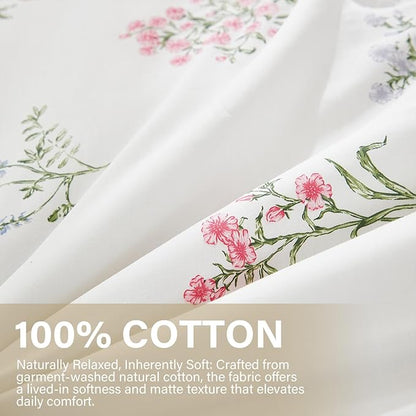 100% Washed Cotton Duvet Cover Twin Size - Linen Like Reversible Durable Soft Floral Duvet Cover Sets, 2 Pieces White Comforter Cover with Zipper Closure
