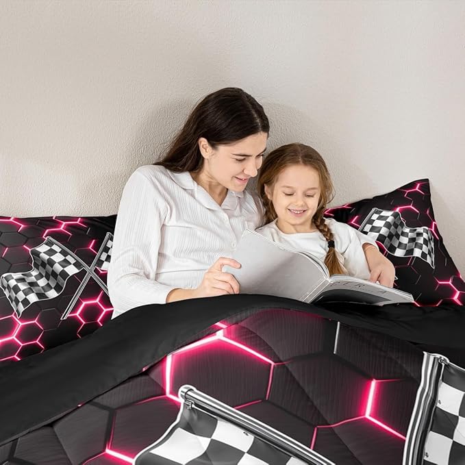 Black White Flag Geometric Bedding Set Twin Size Fashion Red Neon Light Honeycomb Comforter Set for Kids Boys Teens Games Room,3D Checkered Flag Quilted Duvet Race Sports Gaming Duvet Insert 2pcs