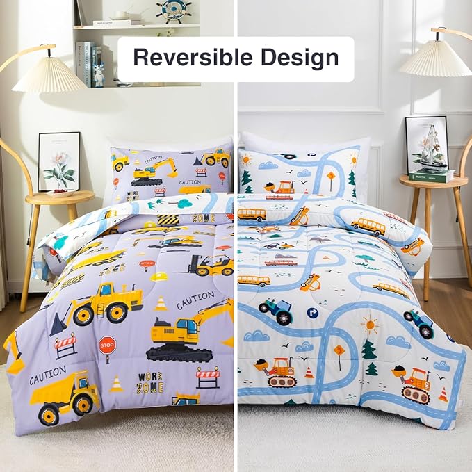 Holawakaka Construction Truck 5-Piece Twin Bed-in-A-Bag Set, Boys Comforter & Sheet Set with Excavator & Tractor Print, Kids Bedding Collection, Machine Washable, Gift for Kids