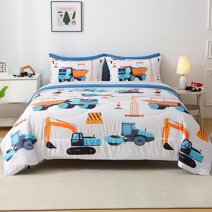7 Pieces Boys Comforter Set Full Size Excavator Bedding Set Cartoon Car Kids Bed in a Bag Construction Truck Bedding for Children Kids Boys Teens for Birthday Choice