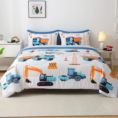 7 Pieces Boys Comforter Set Queen Size Excavator Bedding Set Cartoon Car Kids Bed in a Bag Construction Truck Bedding for Children Kids Boys Teens for Birthday Choice
