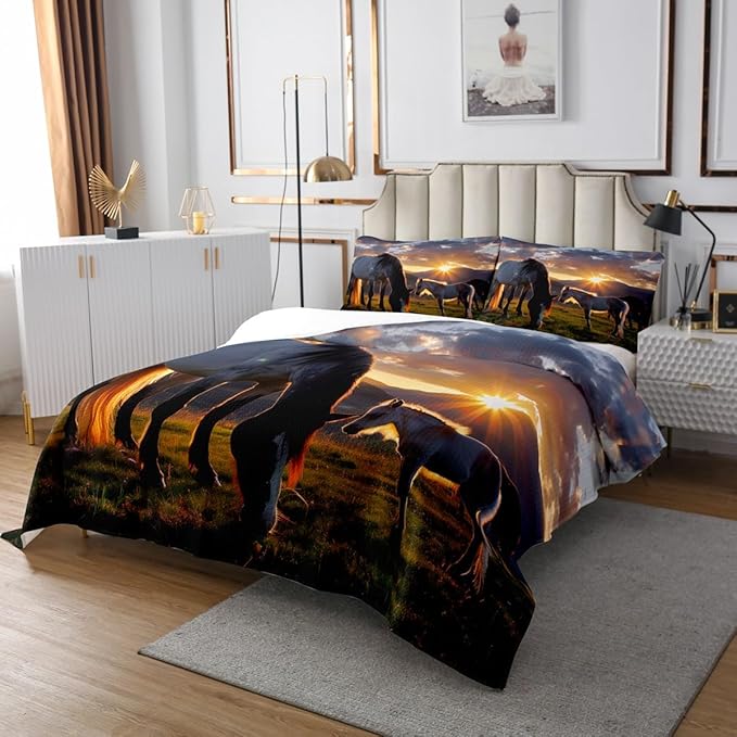 Horse Bedspread Farm Animal Quilted Mountain Sunset Coverlet Set for Teens Adult Boys Girls,Natural Landscape Farmhouse Western Animals Quilt Set Cowboy Cowgirl Wildlife Wild Animal Room Decor,Queen