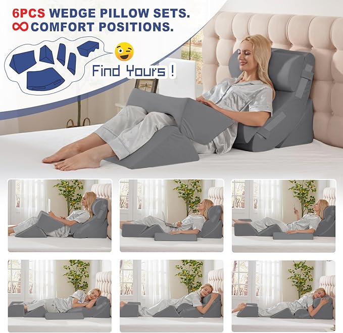 6PCS Multi-Functional Bed Wedge Pillow Kit - 7-in-1 Orthopedic Support for Back/Neck/Legs, Post Surgery Recovery & Sitting Up in Bed, Post Surgery Foam for Body, Grey