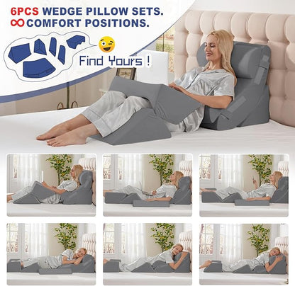6PCS Multi-Functional Bed Wedge Pillow Kit - 7-in-1 Orthopedic Support for Back/Neck/Legs, Post Surgery Recovery & Sitting Up in Bed, Post Surgery Foam for Body, Grey