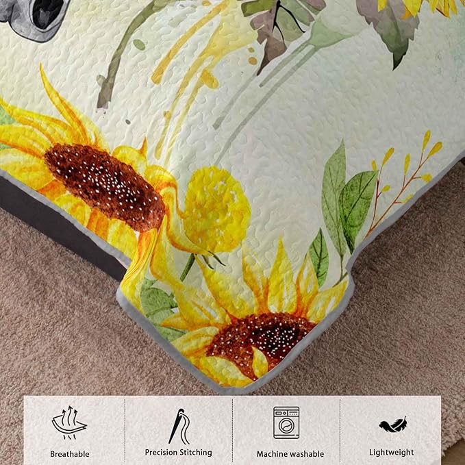 AILONEN Bull Skull Quilt Set Twin Size,Yellow Sunflower Bedspread Coverlet with 2 Pillowcases,3-Piece Soft Lightweight Boho Bed Cover
