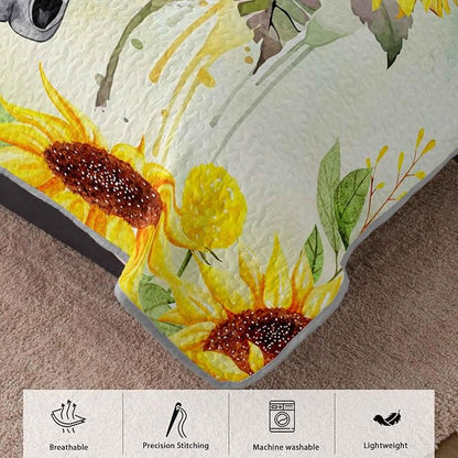 AILONEN Bull Skull Quilt Set Twin Size,Yellow Sunflower Bedspread Coverlet with 2 Pillowcases,3-Piece Soft Lightweight Boho Bed Cover