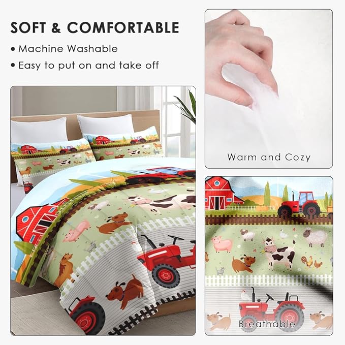 Full Size Comforter Set with 2 Pillowcase, Farm Animal Birds Soft 3 Pcs Bedding for Kids and Adults, Barn House Cute Comforter Set for Room Bedroom Bed Decor
