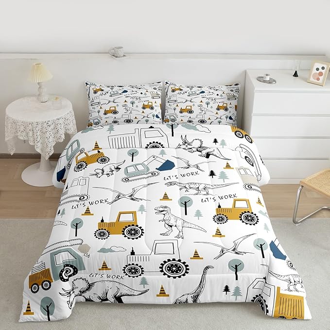 Feelyou Construction Comforter Set Full Size Kids Cartoon Car Excavator Tractor Toddler Comforter Equipment Trucks Dinosaur Comforter Set Construction Vehicles White Yellow Duvet Set Quilt Set