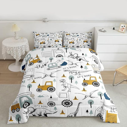 Feelyou Construction Comforter Set King Size Kids Cartoon Car Excavator Tractor Toddler Comforter Equipment Trucks Dinosaur Comforter Set Construction Vehicles White Yellow Duvet Set Quilt Set
