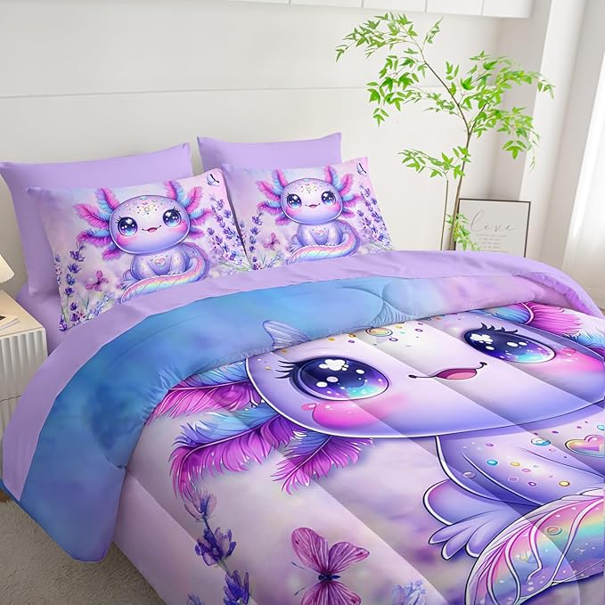 Axolotl Bedding 7 Piece Comforter Set Queen Size,Marine Life Themed Bed Set for Toddlers Girls Room Decor,Cute Kids Bedding with 1 Comforter,1 Flat Sheet,1 Fitted Sheet,4 Pillowcases.