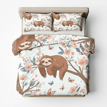 Sloth Duvet Cover Queen Size, Kids Boys Girls Bedding Set 3 Pcs (2 Pillow Shams), Super Soft Microfiber Bedroom Decor, Zipper & Ties CSXQ1247