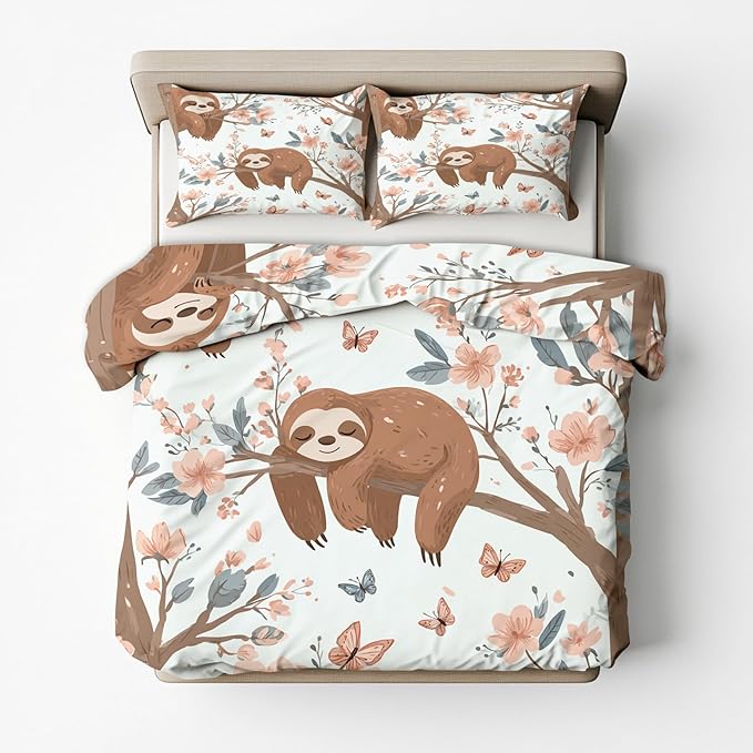 Sloth Duvet Cover King Size, Kids Boys Girls Bedding Set 3 Pcs (2 Pillow Shams), Super Soft Microfiber Bedroom Decor, Zipper & Ties CSXQ1247