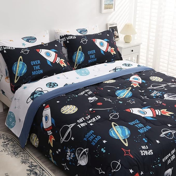Wajade Kids Space Comforter Set Bed in A Bag Full Size 7 Piece 3D Space Rocket Planets Bedding Set for Teens Boys Girls (1 Comforter, 1 Flat Sheet, 1 Fitted Sheet, 2 Pillowcase and 2 Pillow Sham)
