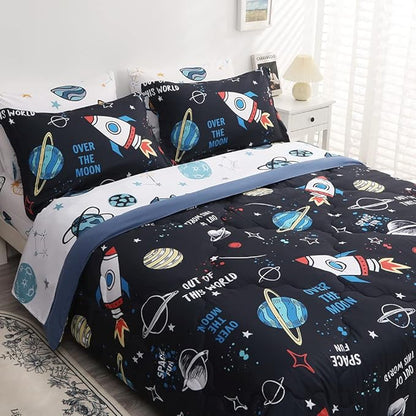 Wajade Kids Space Comforter Set Bed in A Bag Queen Size 7 Piece 3D Space Rocket Planets Bedding Set for Teens Boys Girls (1 Comforter, 1 Flat Sheet, 1 Fitted Sheet, 2 Pillowcase and 2 Pillow Sham)