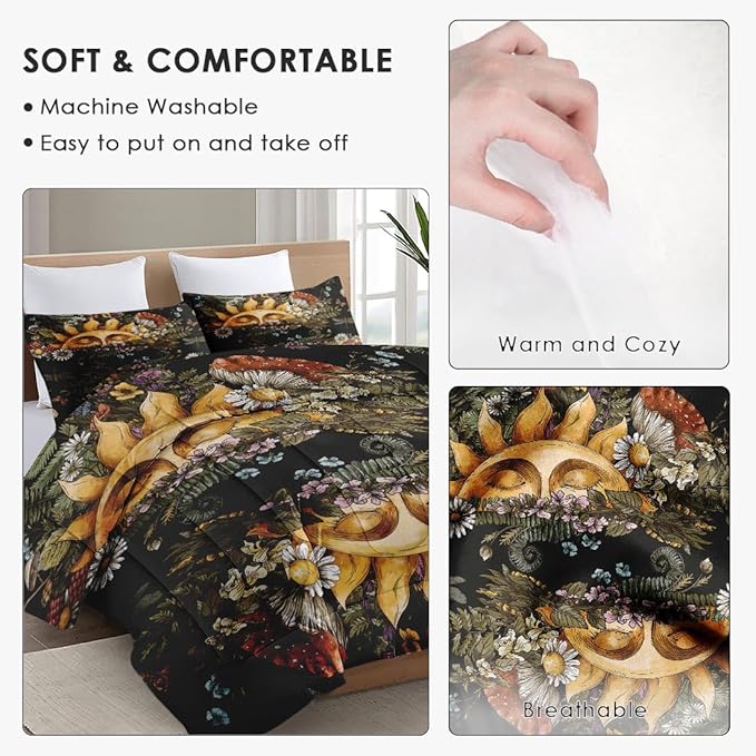 Queen Size Comforter Set with 2 Pillowcase, Vintage Sun Moon Woodland Soft 3 Pcs Bedding for Kids and Adults, Mushroom Fern Plants Comforter Set for Room Bedroom Bed Decor