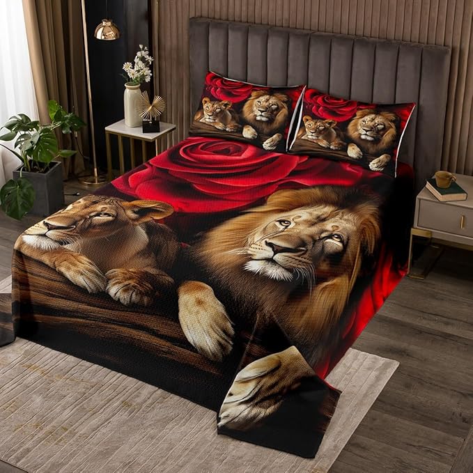 Erosebridal Lion Bedspread Quilt Set King Size, Africa Wildlife Quilted for Kids Teens Adult, Red Rose Flower Pattern Coverlet Set, Animal Theme Bedspread, Soft Luxury Microfiber, Black Brown