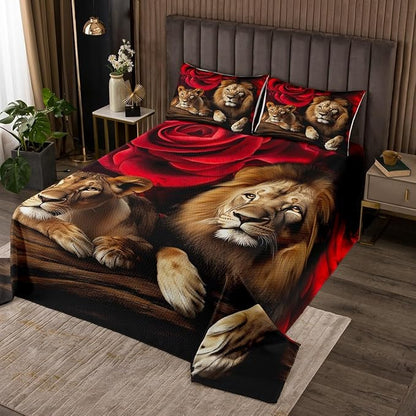 Erosebridal Lion Bedspread Quilt Set King Size, Africa Wildlife Quilted for Kids Teens Adult, Red Rose Flower Pattern Coverlet Set, Animal Theme Bedspread, Soft Luxury Microfiber, Black Brown