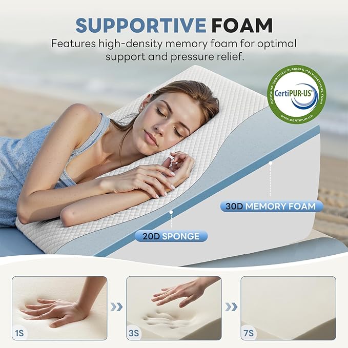 Wedge Pillow for Sleep Apnea, 12" Triangle Pillows Memory Foam Acid Reflux Pillow, Anti Snore Wedges for Sleeping with Washable Breathable Cover, Grey and White