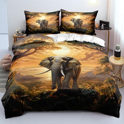 Elephant Fitted Bed Sheets Set King Size with A Pillow Cases Standard Size, Fitted Flat Sheet For Kids Girls Teens Adult Bedroom Decor, African Animal Bed Sheets Floral and Sun set Bedding Decor Set
