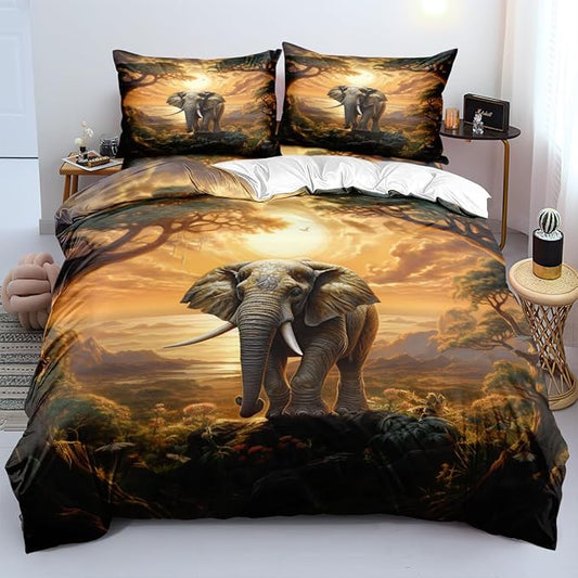 Elephant Fitted Bed Sheets Set Queen Size with A Pillow Cases Standard Size, Fitted Flat Sheet For Kids Girls Teens Adult Bedroom Decor, African Animal Bed Sheets Floral and Sun set Bedding Decor Set