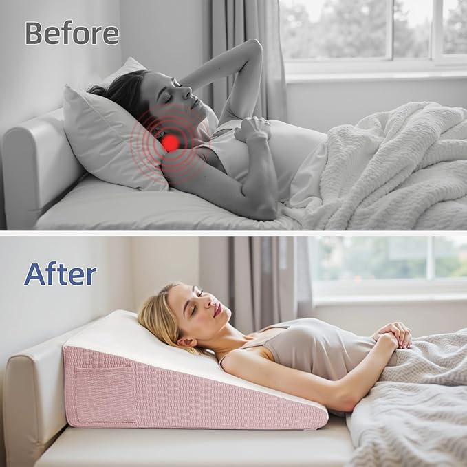 Wedge Pillow for Headboard, 10’’ Triangle Elevated Bed Wedge Pillow for Acid Reflux Relief, Sleeping, Post Surgery, Back Pain Relief, Snoring, Soft Memory Foam Top & Washable Breathable Cover, Pink
