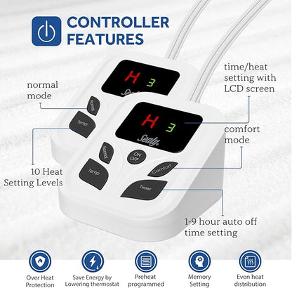 Sealy Heated Mattress Pad Queen Size 60x80 Inch with Dual Control 10 Heated Settings | Zone Heating Electric Mattress Pad | Auto Shut Off 1-9 Hours| Fit Up to 17" Deep Pocket | Machine Washable