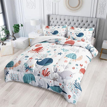 Kids Turtle Comforter Set Full Beach Theme Dolphin Starfish Seaweed Bedding Set Sea Animal Octopus Reptile Bed Set with 2 Pillowcases for Boys Girls Room Decor