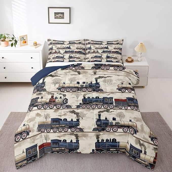 Erosebridal Kids Vintage Steam Train Bedding Sets for Car Lovers, Boys Retro Classic Steam Engine Vehicles Comforter Timeless Railroad Locomotive Duvet Set with 2 Pillow Cases (Full 3Pcs)