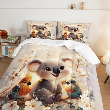Kawaii Koala Bedding Set,Cartoon Koala Parrot Floral Pattern Full Size Bed Set for Kids Girls Boys Room Decor,Cute Beddings with 2 Pillowcases.