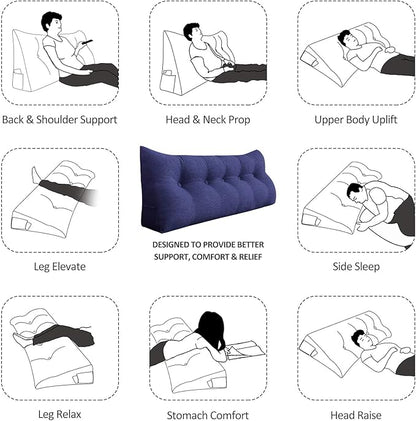 Wedge Pillow Headboard Reading Pillow for Sitting Up in Bed Adult Backrest Large Triangle Bolster Pillow for Couch Daybed Cushion Lumbar Body Support Leg Positioning（Blue, King）