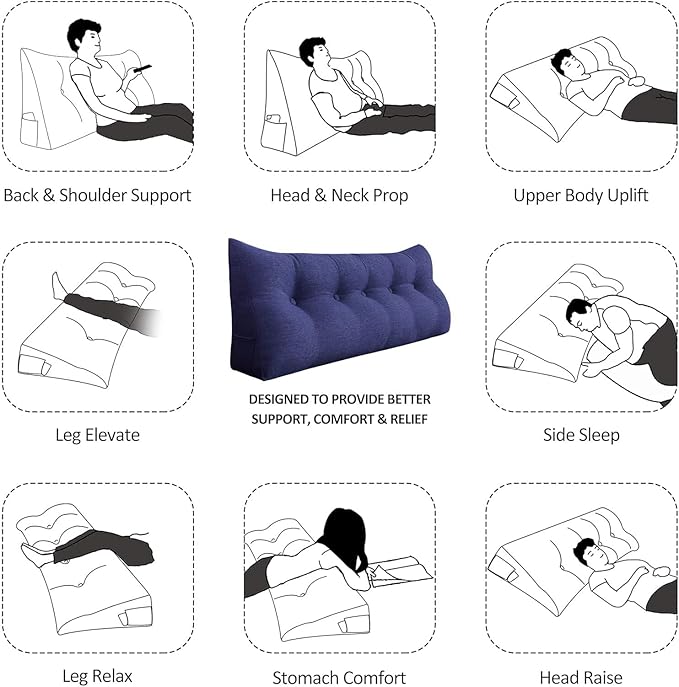 Wedge Pillow Headboard Reading Pillow for Sitting Up in Bed Adult Backrest Large Triangle Bolster Pillow for Couch Daybed Cushion Lumbar Body Support Leg Positioning（Blue, Twin）