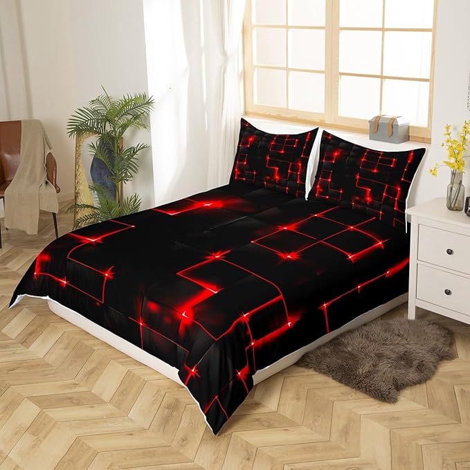Castle Fairy Abstract Duvet Cover Set Twin Size, Modern Geometric Grid Square Quilt Cover with 1 Pillowcase, Red Neon Light Microfiber Polyester Bedding Set for Kids Boys Bedroom, Black