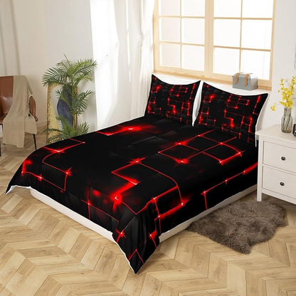 Castle Fairy Abstract Duvet Cover Set Twin Size, Modern Geometric Grid Square Quilt Cover with 1 Pillowcase, Red Neon Light Microfiber Polyester Bedding Set for Kids Boys Bedroom, Black