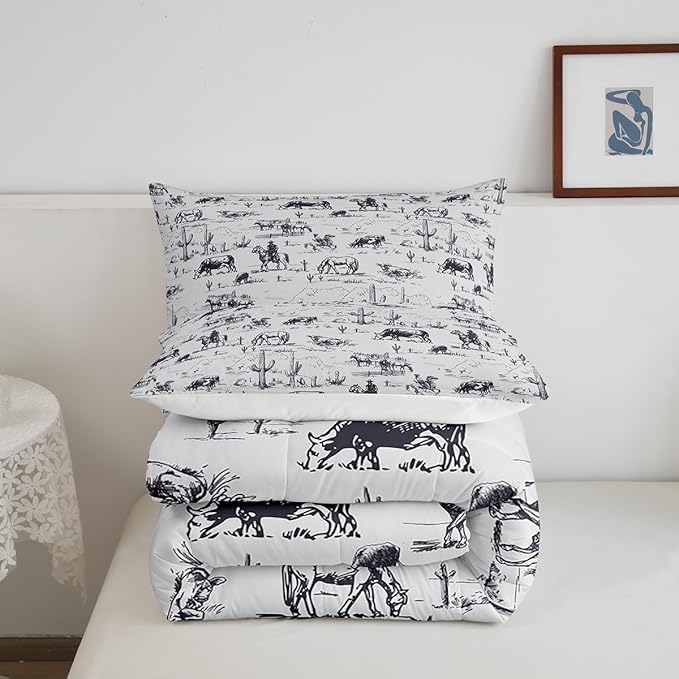 Feelyou Western Comforter Set Toddler Size, White and Black Cowboy Cow Bedding Set Cowboy Comforter Desert Cactus Duvet Set Soft Bed Set 2Pcs